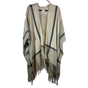Three Dots Poncho Wrap One Size Neutral Miranda Plaid Cashmere Blend Fringe A10
